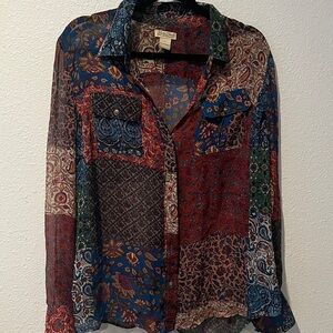 Lucky Brand Red&Blue Mixed Media Boho  Blouse, button up, long Sleeve
SZ L